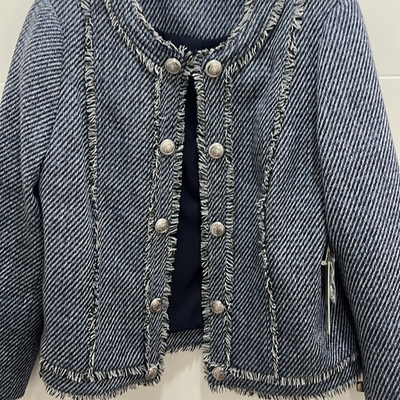Chico’s Blue Tweed Jacket Open Front W/ Silver Buttons Size 8 Medium NWT - Picture 2 of 11